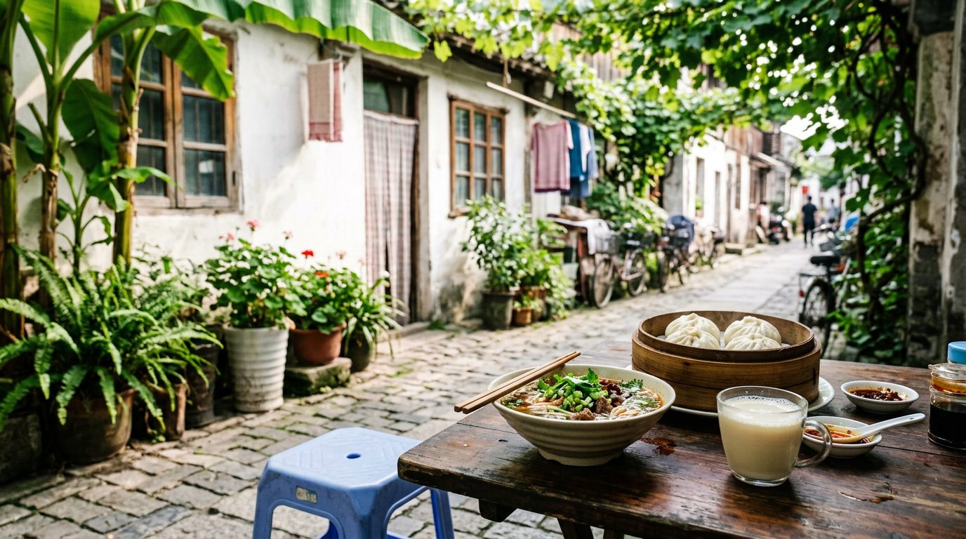A breakfast stall in an alley with steamed buns and soy milk