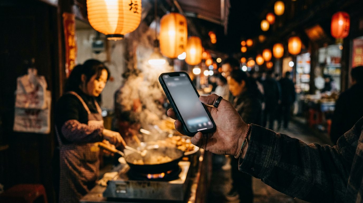 A customer scanning a QR code at a street food stall